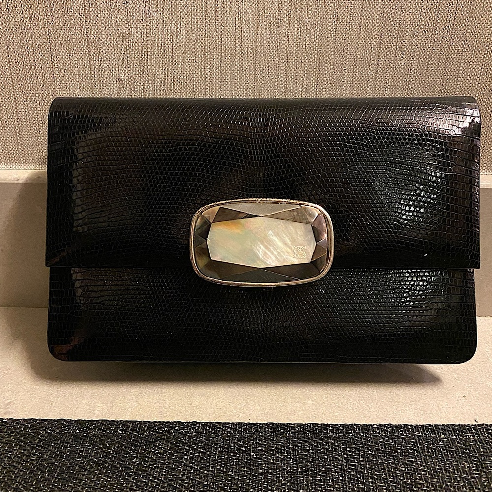Darby Scott Animal Skin Black Clutch With Mother-of-Pearl Stone